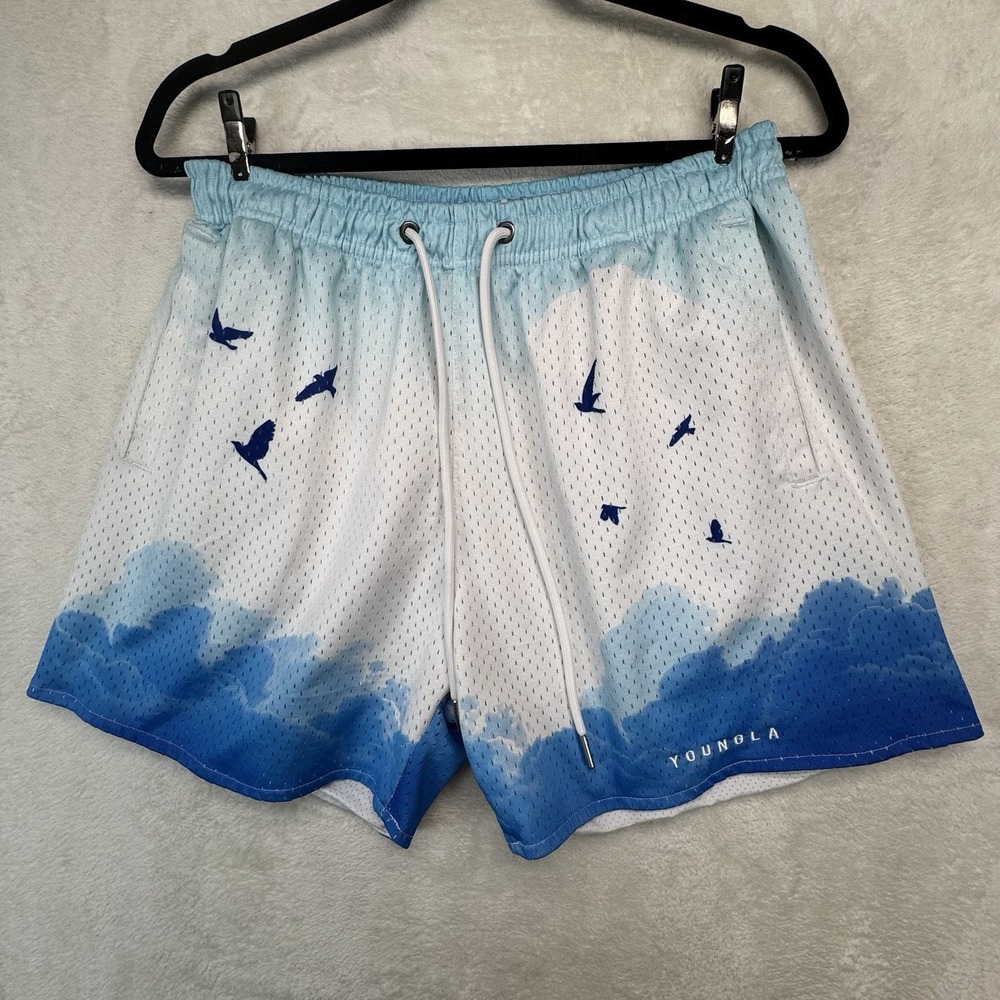 YoungLA Mesh Shorts Men's M Cloud Bird Print Lined Gym Athletic Blue White